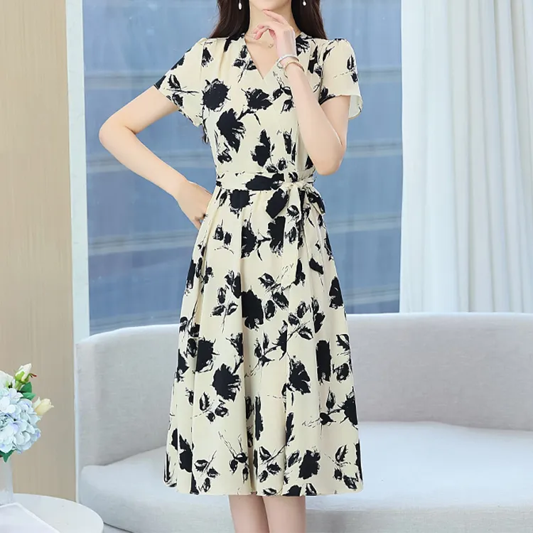 HUASJ Short Sleeved Dresses Women's Apricot Base With Black Flowers-2