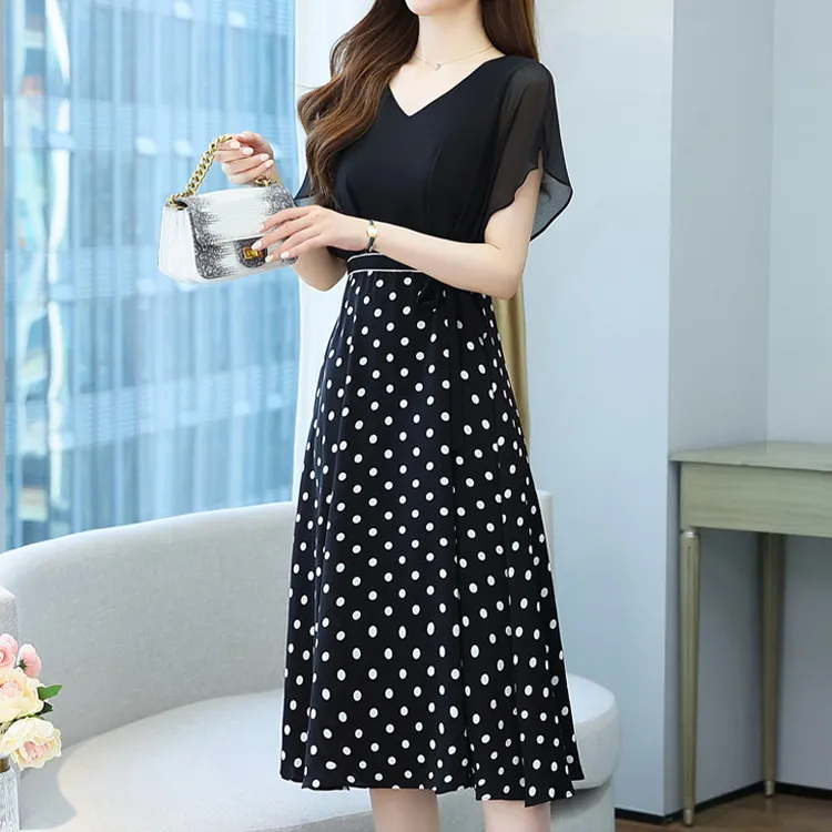 HUASJ Short Sleeved Dresses Women's Polka Dot Black-3