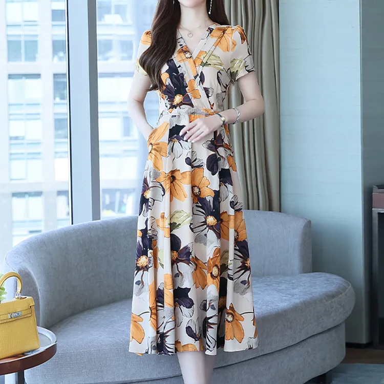 HUASJ Short-Sleeved Dresses Women's Yellow Multicolor-2