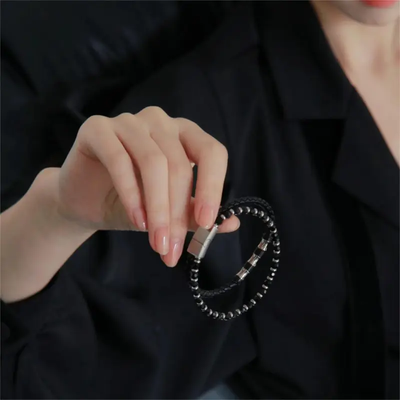 TIANWANG Steel Chinese Fashion Trend Niche Artistic Style, Black & Silver Beaded Bracelet Unisex-4