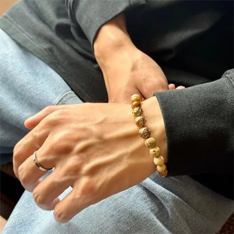 TIANWANG Titanium Steel Wood Grain Stone Bracelet Unisex Yellow-3