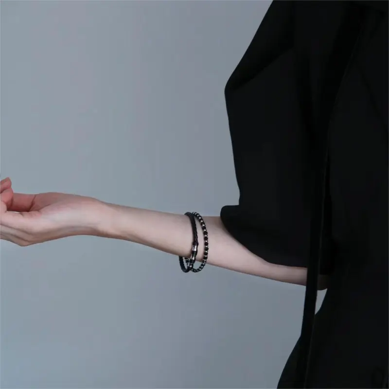 TIANWANG Steel Chinese Fashion Trend Niche Artistic Style, Black & Silver Beaded Bracelet Unisex-3