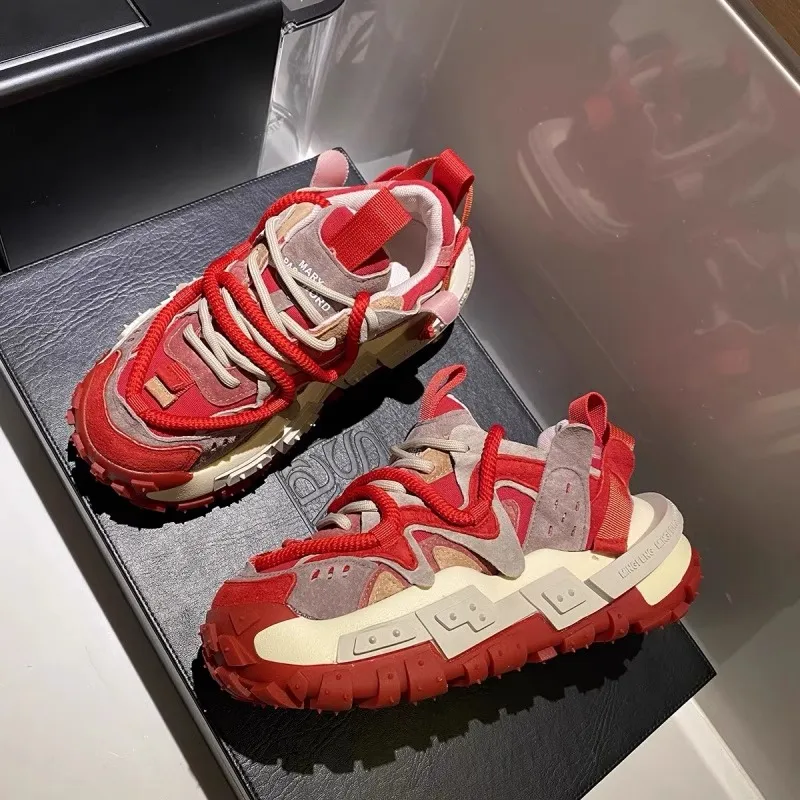 DEVIL AND ANGEL Anti Slip And Wear Resistant Height Increasing Low Top Chunky Sneakers Men's Red Gray-2