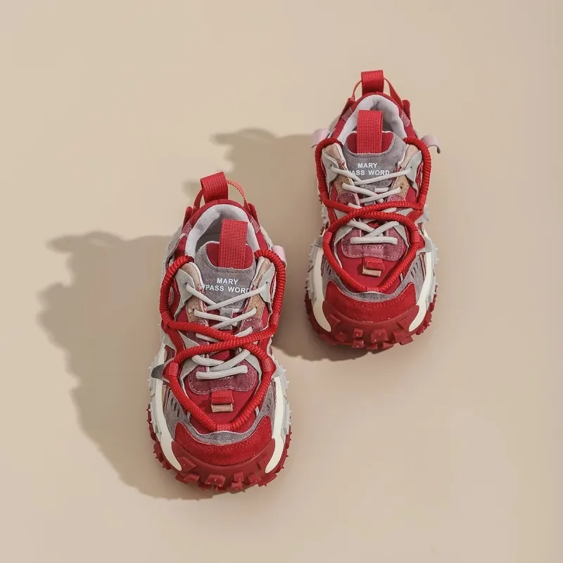 DEVIL AND ANGEL Anti Slip And Wear Resistant Height Increasing Low Top Chunky Sneakers Men's Red Gray-3