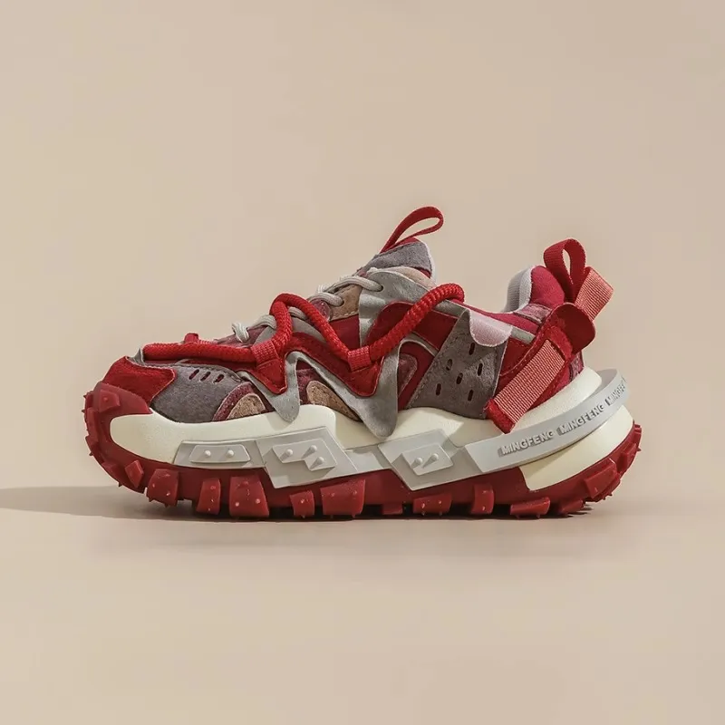 DEVIL AND ANGEL Anti Slip And Wear Resistant Height Increasing Low Top Chunky Sneakers Men's Red Gray-1