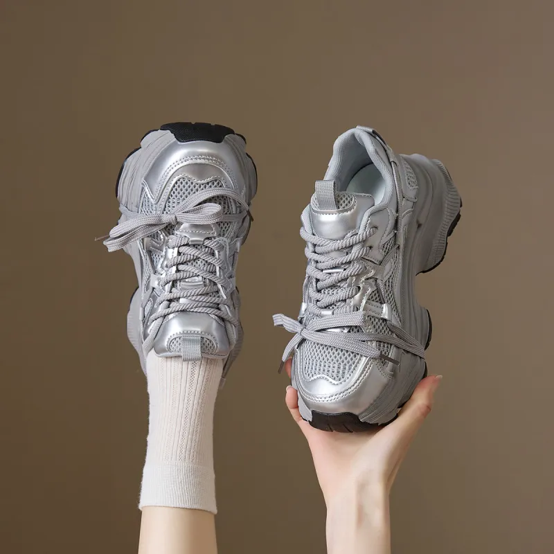 Komanic Anti Slip And Wear Resistant Height Increasing Low Top Chunky Sneakers Women's Silver-3