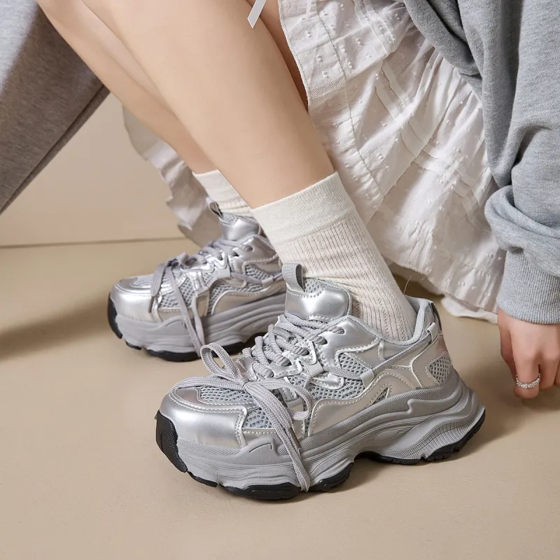 Komanic Anti Slip And Wear Resistant Height Increasing Low Top Chunky Sneakers Women's Silver-1