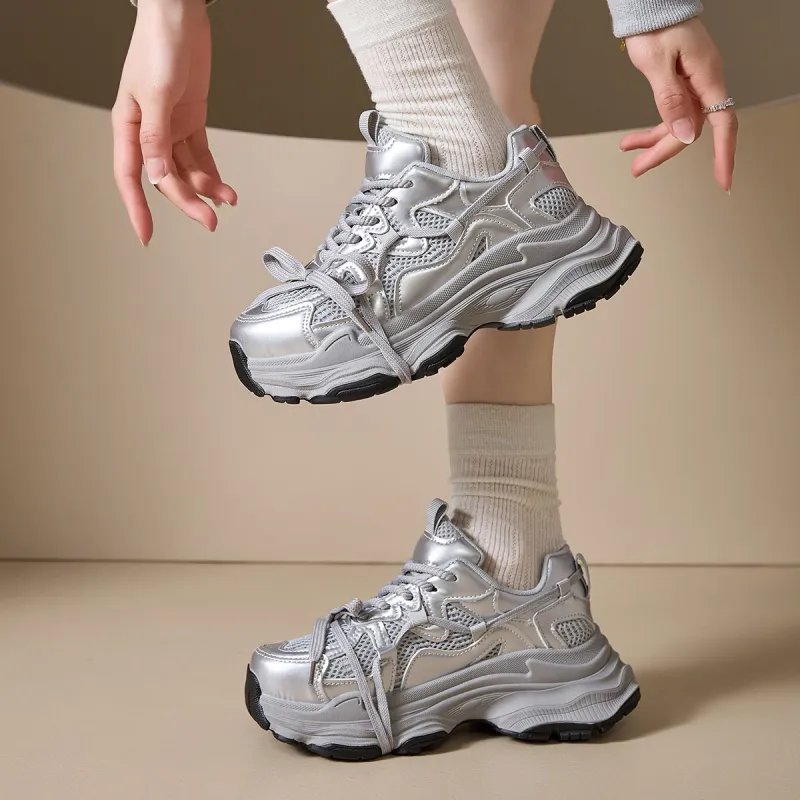 Komanic Anti Slip And Wear Resistant Height Increasing Low Top Chunky Sneakers Women's Silver-2