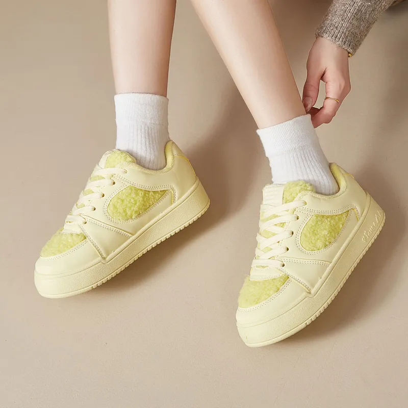 Komanic Fleece Lined Insulated Shoes Vintage Platform Skateboard Shoes For Women's Puffy Shoes Women's Yellow-2