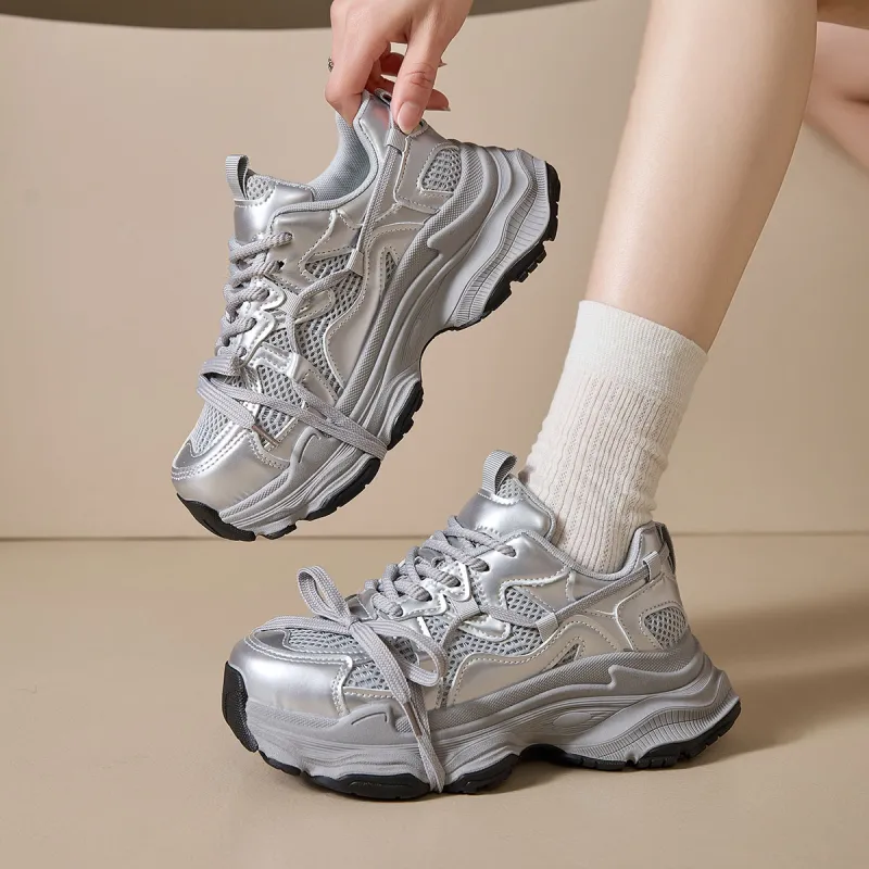 Komanic Anti Slip And Wear Resistant Height Increasing Low Top Chunky Sneakers Women's Silver-4