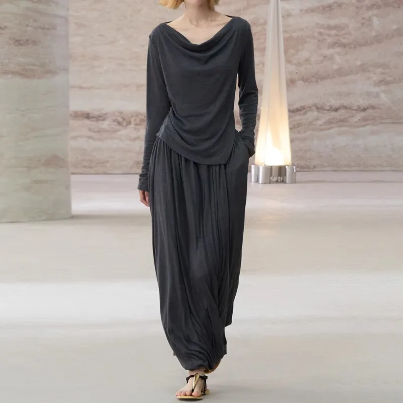 COMMON VALUE 'Zen Pāra' Casual Long Skirt Women's Lead Trace Gray-3