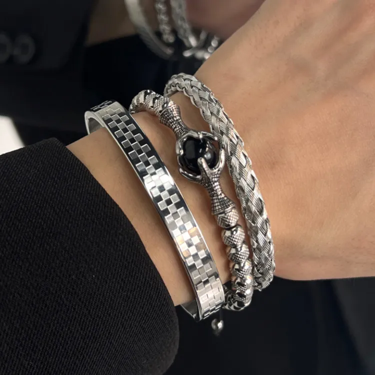 KING OF BLING Titanium Steel Bangles Unisex Silver-3
