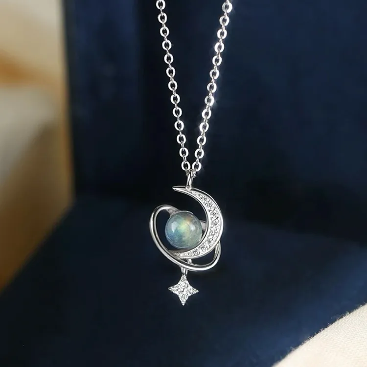 KING OF BLING 925 Silver, Moonstone, Zircon Necklaces Unisex Good Luck-1