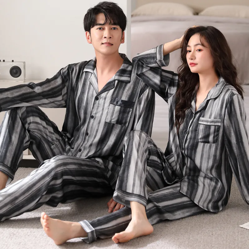 Qin Jing Pajama Set Unisex Gray Stripes-5