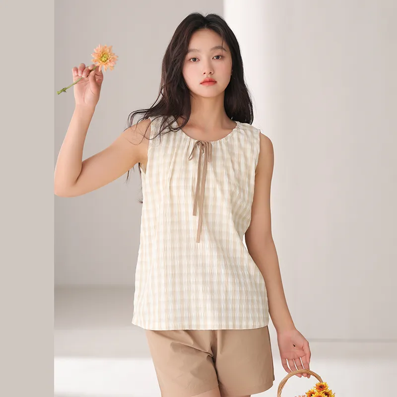 Qin Jing Pajama Set Women's Coffee Plaid-3