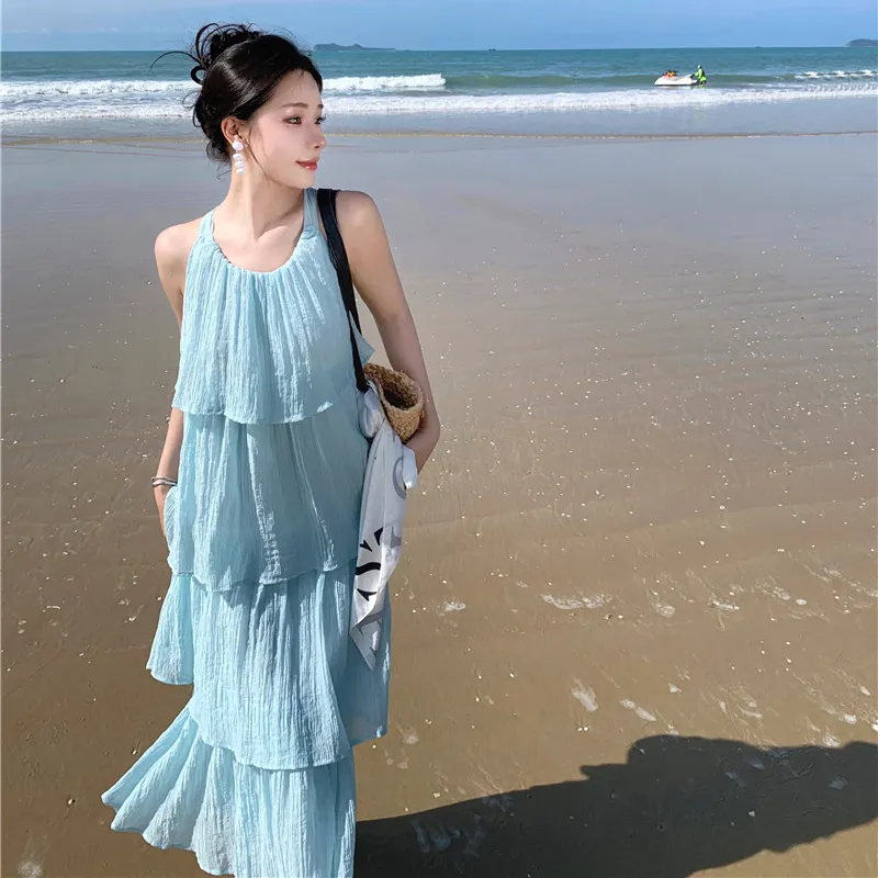 PZHK Slip Dresses Women's Blue Shopping Bag Included-6