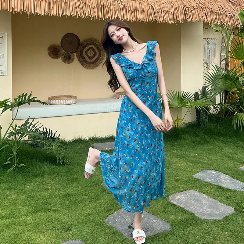 PZHK Sleeveless Dresses Women's Blue Floral Shopping Bag-2