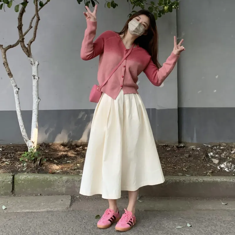 Pzhk Skirt Set Women's Red Top/Beige White Skirt-4