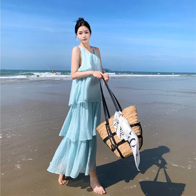 PZHK Slip Dresses Women's Blue Shopping Bag Included-5