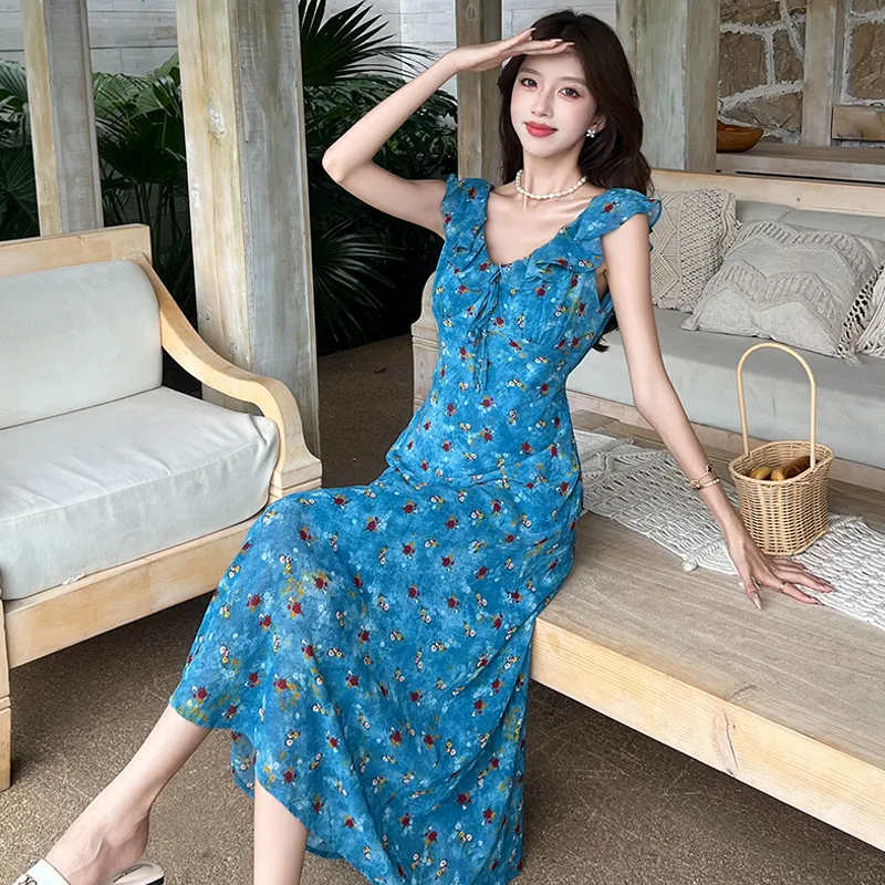PZHK Sleeveless Dresses Women's Blue Floral Shopping Bag-4