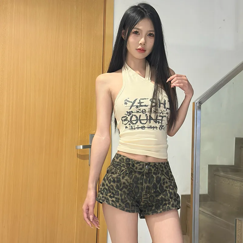 PZHK Denim Shorts Women's Leopard Print Shorts Shopping Bag-3