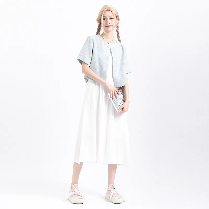 Pzhk Skirt Set Women's Blue Tank Top+White Dress-2