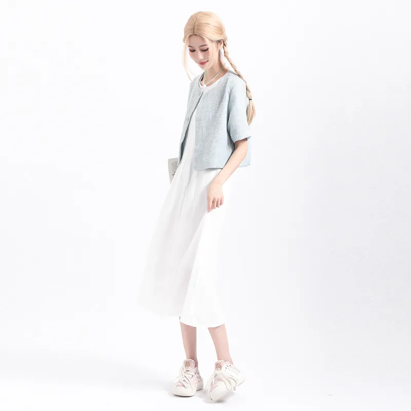 Pzhk Skirt Set Women's Blue Tank Top+White Dress-4