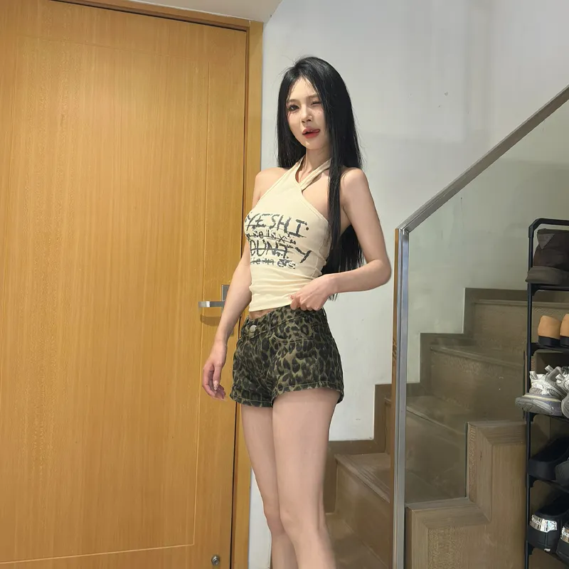 PZHK Denim Shorts Women's Leopard Print Shorts Shopping Bag-4