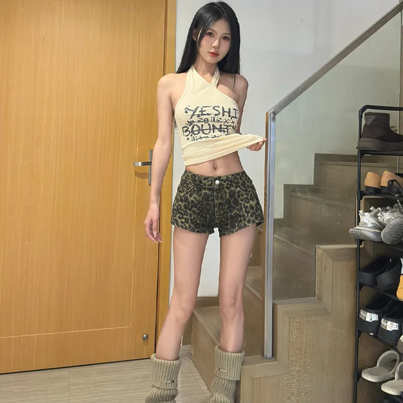 PZHK Denim Shorts Women's Leopard Print Shorts Shopping Bag-2