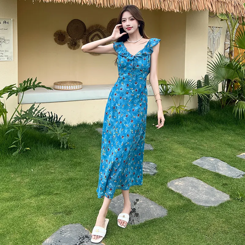 PZHK Sleeveless Dresses Women's Blue Floral Shopping Bag-1