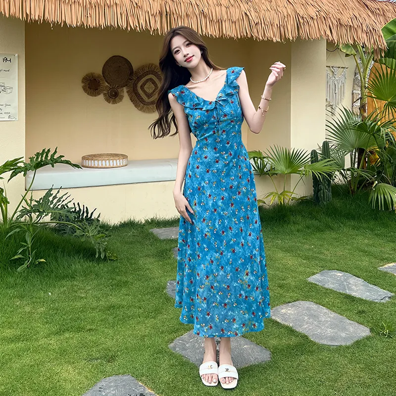 PZHK Sleeveless Dresses Women's Blue Floral Shopping Bag-3