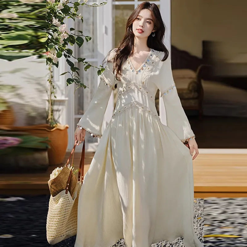 Pzhk Long Sleeved Dresses Women's Gardenia White-5