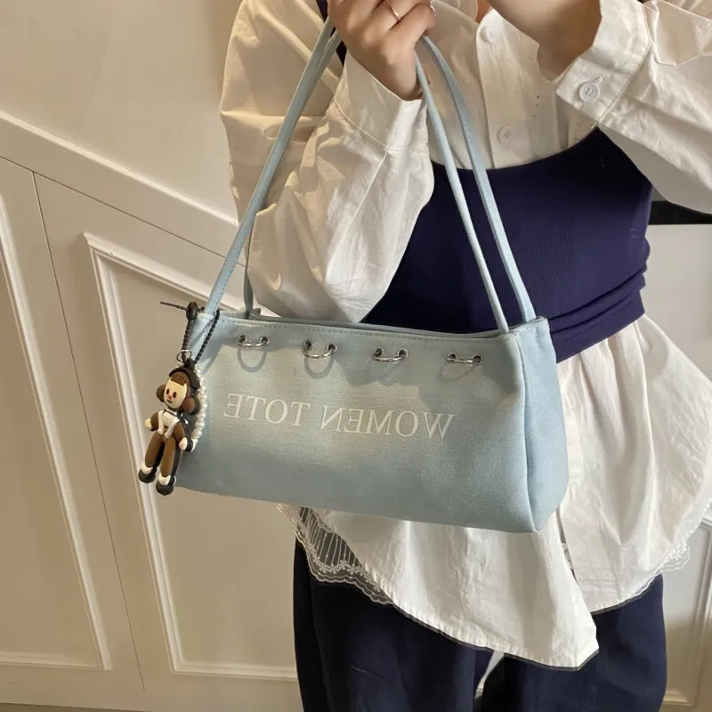 Meow In The Grass Denim One Shoulder Handbag Women's Multicolor-18