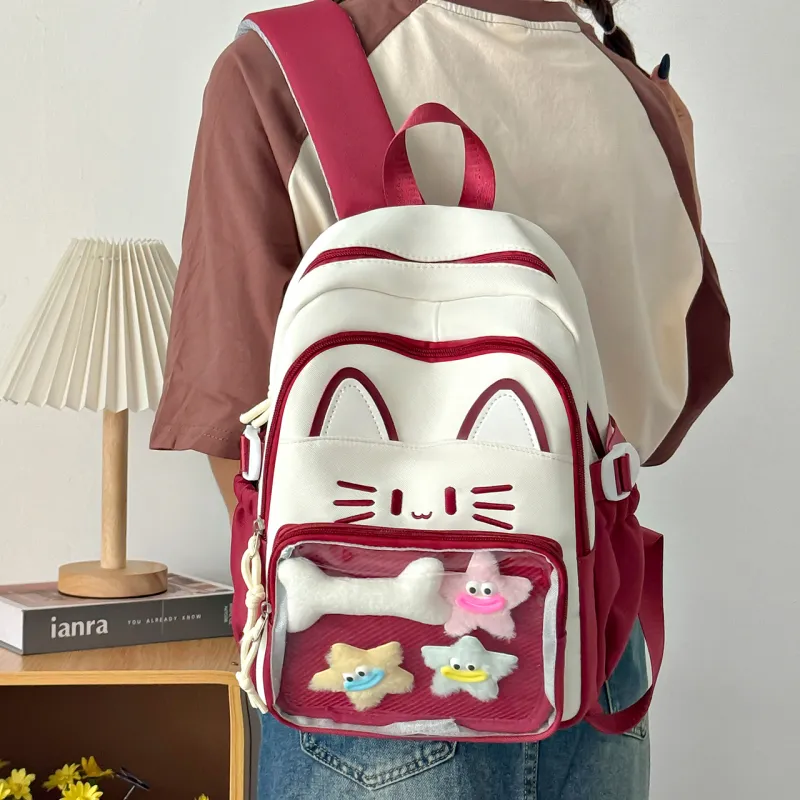 Meow In The Grass Nylon Backpack Regular Women's Blue/Khaki/Red/Pink/Black-14