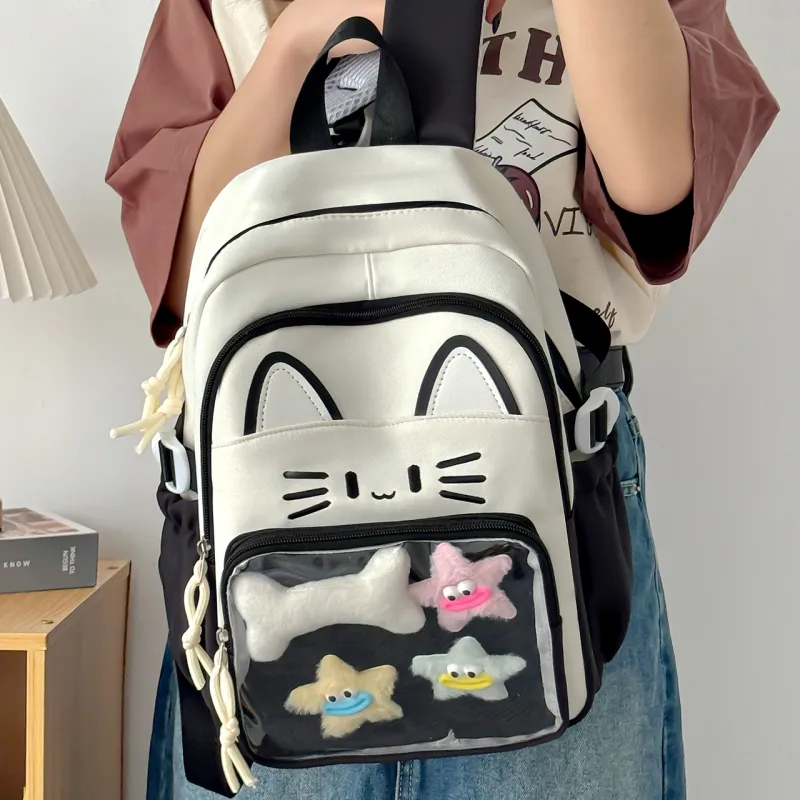 Meow In The Grass Nylon Backpack Regular Women's Blue/Khaki/Red/Pink/Black-28