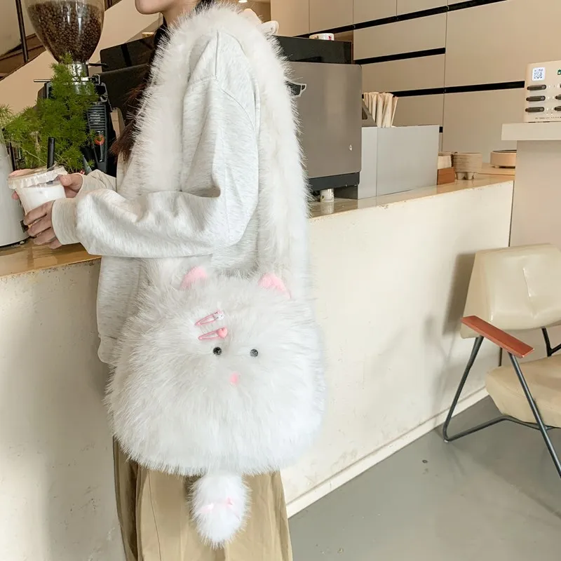Meow In The Grass Plush Shoulder Bag Crossbody Bag Women's White-6