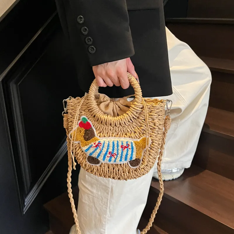 Meow In The Grass Straw Woven Shoulder Bag, Crossbody Bag, Handbag Women's Ecru/Khaki-8