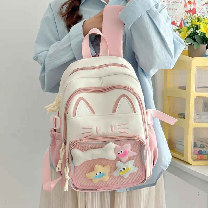 Meow In The Grass Nylon Backpack Regular Women's Blue/Khaki/Red/Pink/Black-23