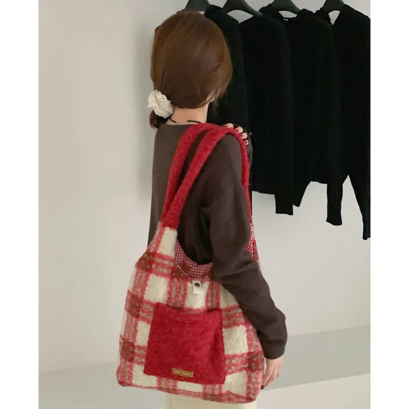Meow In The Grass Woolen Tote Bag, Shoulder Bag Women's Red-2