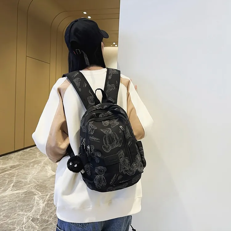 Meow In The Grass Nylon Backpack Medium Size Unisex Green/Black/White-3