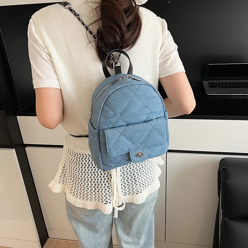 Meow In The Grass Denim Backpack Women's Light Blue/Dark Blue-3
