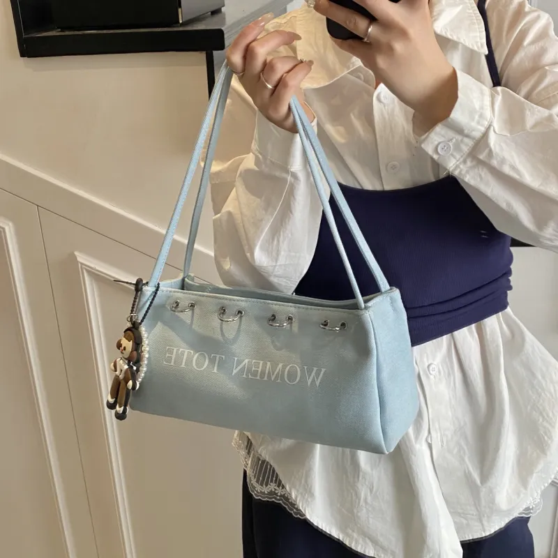 Meow In The Grass Denim One Shoulder Handbag Women's Multicolor-19