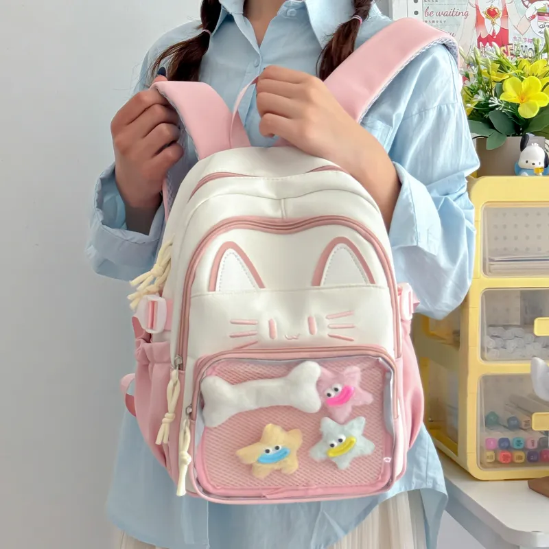 Meow In The Grass Nylon Backpack Regular Women's Blue/Khaki/Red/Pink/Black-22