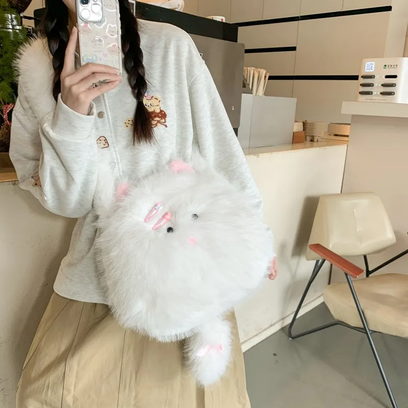Meow In The Grass Plush Shoulder Bag Crossbody Bag Women's White-7