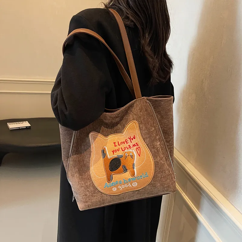 Meow In The Grass PU Shoulder Bag Handbag Tote Bag Regular Women's Coffee/Black/Gray/Pink-4