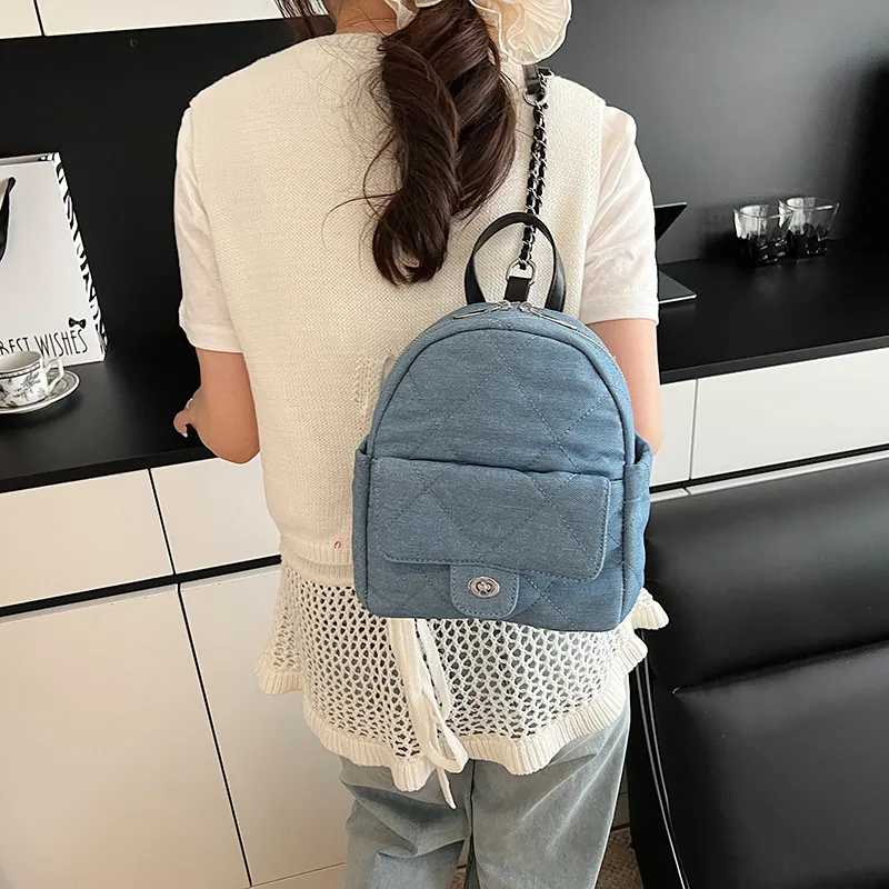 Meow In The Grass Denim Backpack Women's Light Blue/Dark Blue-1