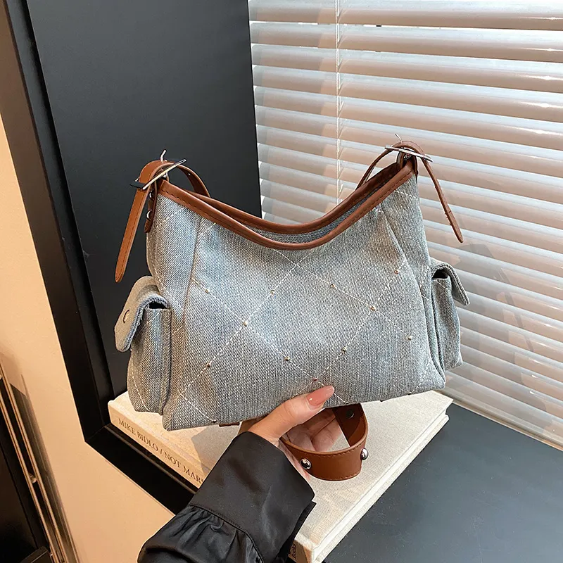 Meow In The Grass Denim Crossbody Underarm Shoulder Bag Women's Brown/Silver-4