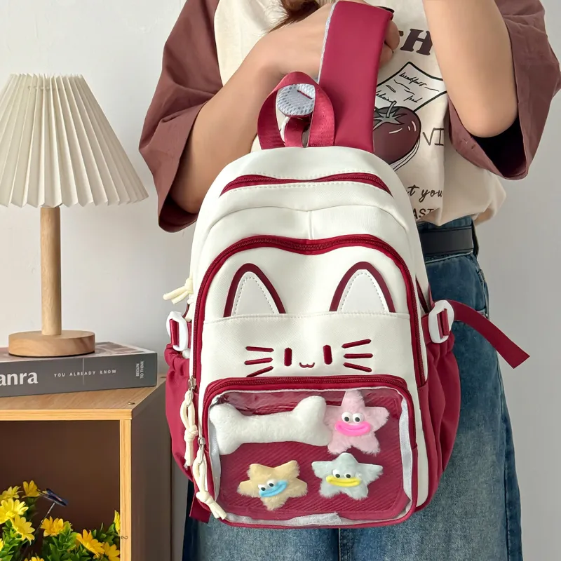 Meow In The Grass Nylon Backpack Regular Women's Blue/Khaki/Red/Pink/Black-15