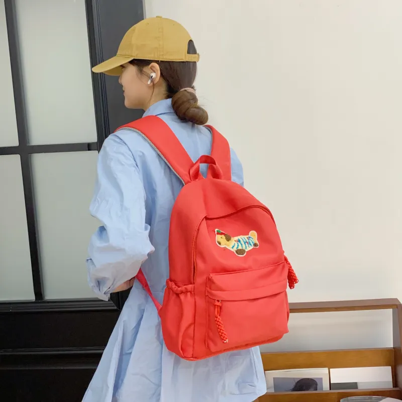 Meow In The Grass Nylon Fabric Backpack Regular Unisex Black/Ecru/Red-11