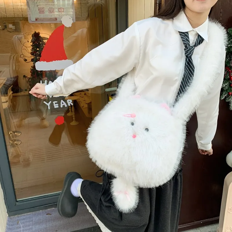 Meow In The Grass Plush Shoulder Bag Crossbody Bag Women's White-4